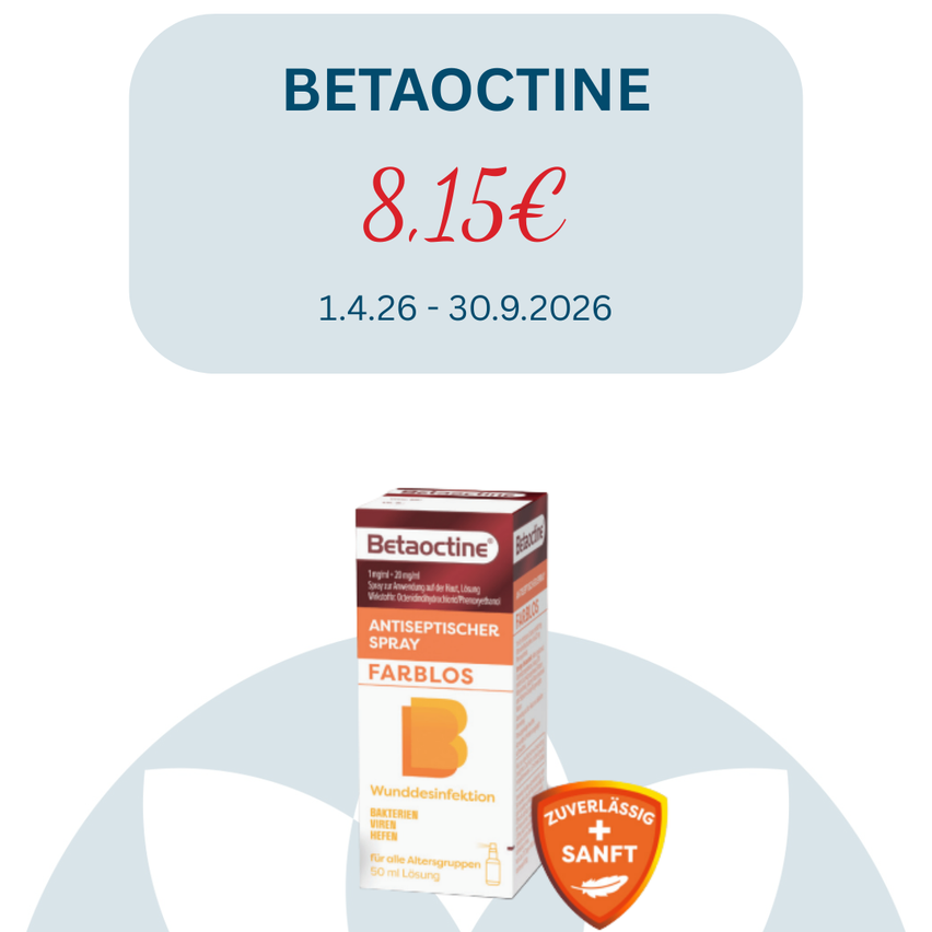 An advertisement for Betaoctine, a wound disinfectant spray, priced at 8.15 euros, valid from January 4, 2026, to September 30, 2026. The product is presented in a box with a safety seal and a label indicating it is suitable for all age groups.