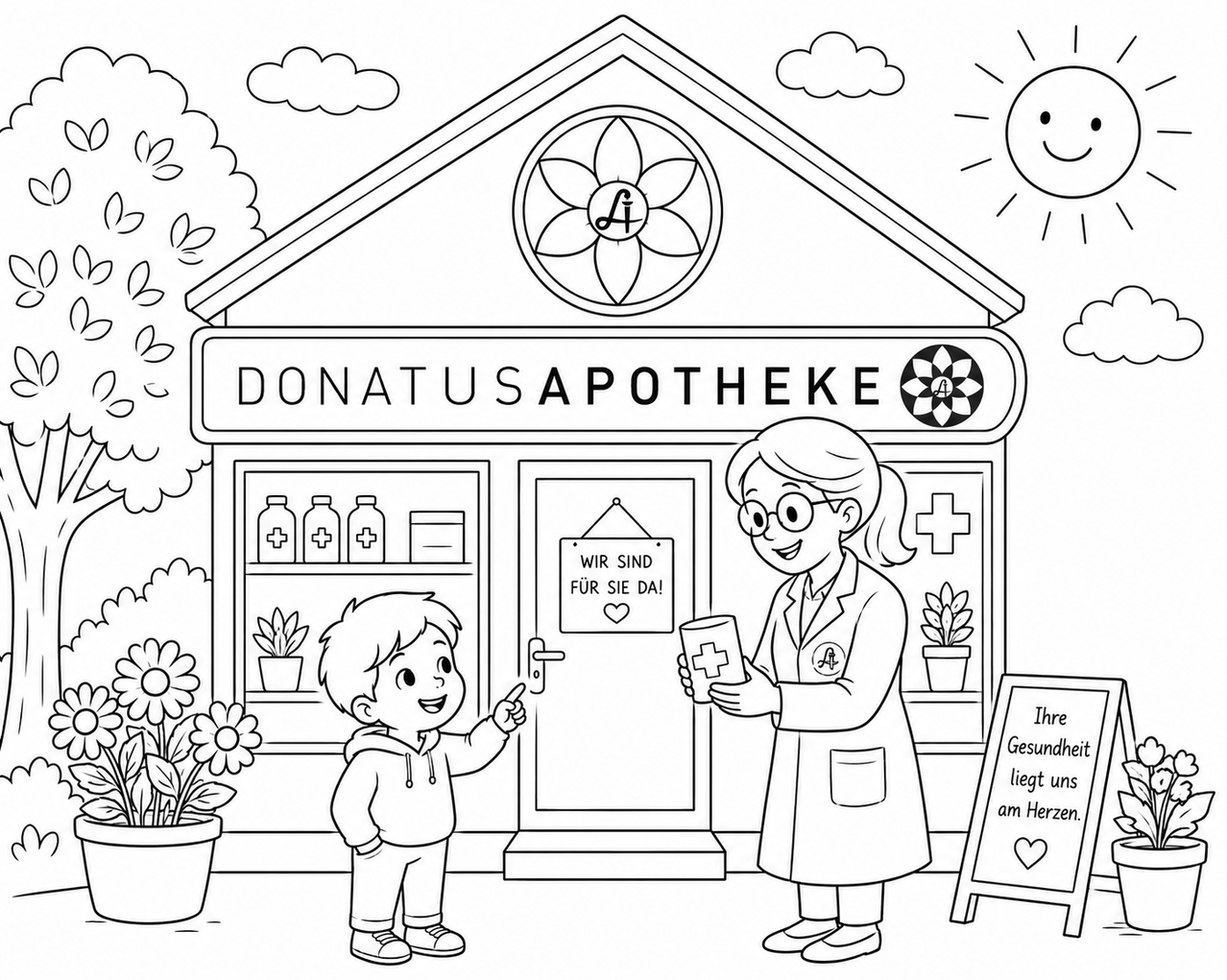 Eine Malvorlage einer Apotheke mit einer Apothekerin und einem Jungen. Die Apothekerin hält eine Medizinflasche und lächelt. Der Junge zeigt auf die Tür.