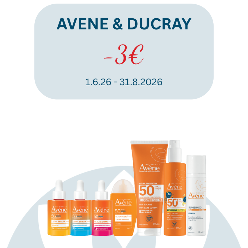 Aktion für Avène- und Ducray-Produkte mit einem Rabatt von 3€. Die Aktion läuft vom 1. Juni 2026 bis zum 31. August 2026. Verschiedene Avène-Sonnencremes und Seren werden angezeigt.