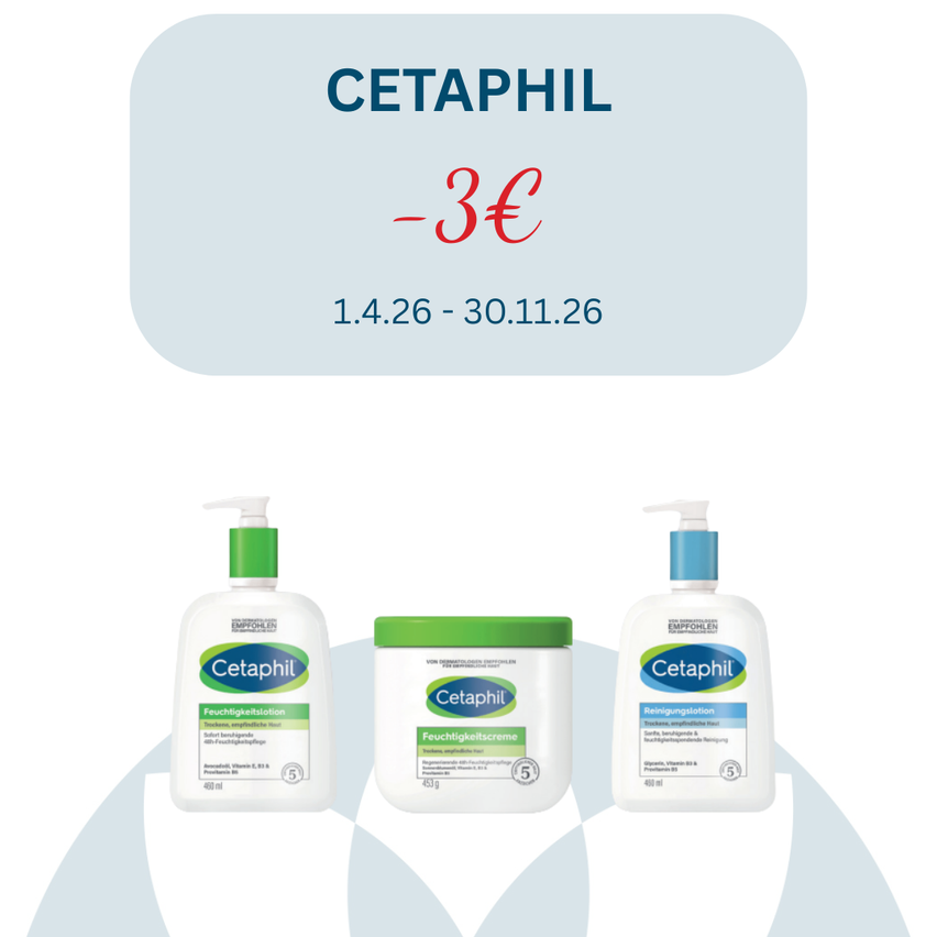 Cetaphil Werbebild. Es zeigt drei Flaschen und Tiegel von Hautpflegeprodukten. Das Angebot gilt vom 1.4.26 bis 30.11.26.
