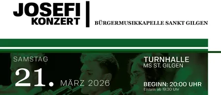 Konzertbanner für EFIZERT Burgermusikkapelle mit einem Trompeter und einer Trompete im Vordergrund, der Text lautet 'Turnhalle MS St. Gallen, März 2026, Beginn: Eintritt ab 19:30'.