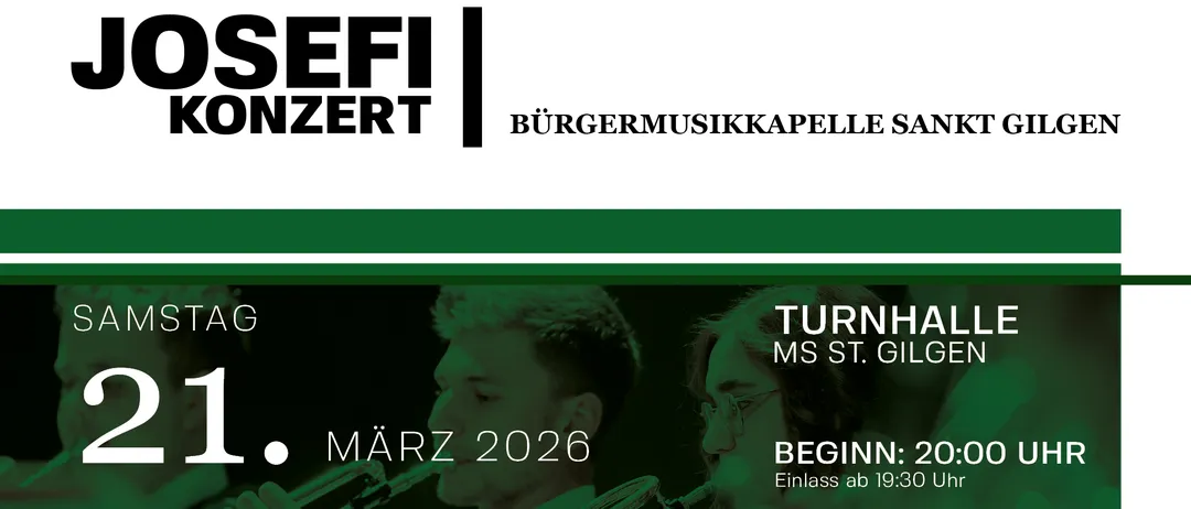 Konzertbanner für EFIZERT Burgermusikkapelle mit einem Trompeter und einer Trompete im Vordergrund, der Text lautet 'Turnhalle MS St. Gallen, März 2026, Beginn: Eintritt ab 19:30'.