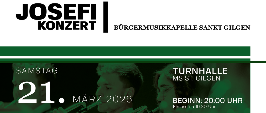 Konzertbanner für EFIZERT Burgermusikkapelle mit einem Trompeter und einer Trompete im Vordergrund, der Text lautet 'Turnhalle MS St. Gallen, März 2026, Beginn: Eintritt ab 19:30'.