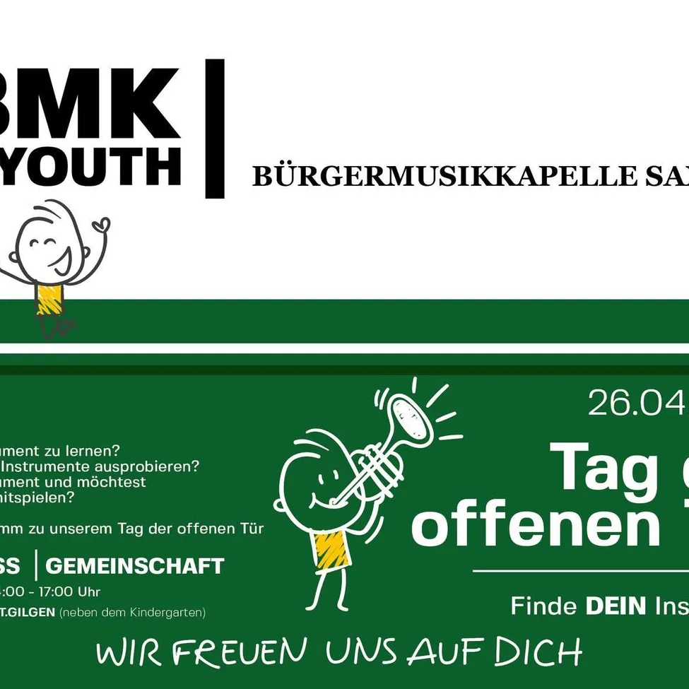 Plakat für BMKY-Veranstaltung. Ein Kind mit Trompete und der Text: Instrumente lernen? Instrumente ausprobieren? Komm zu unserem Tag der offenen Tür.