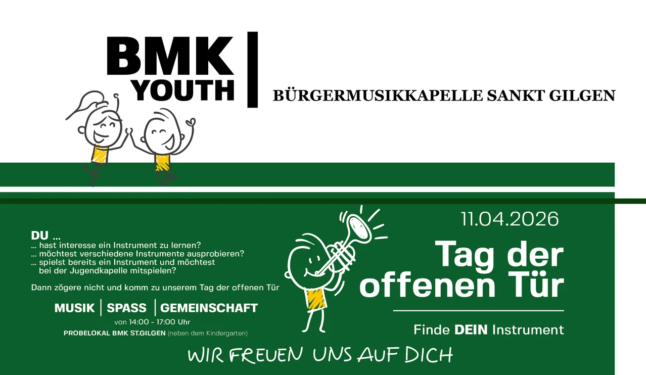 Werbung für den Tag der offenen Tür der BMK Jugendgemeinschaft, bei dem Kinder Instrumente ausprobieren und spielen können. Datum: 11. April, Zeit: 10:00 Uhr - 17:00 Uhr, Ort: Gilgen. Komm vorbei!