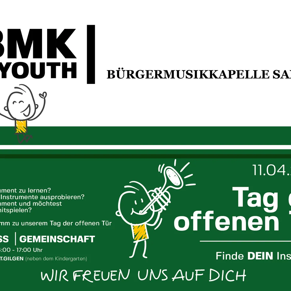 Werbung für den Tag der offenen Tür der BMK Jugendgemeinschaft, bei dem Kinder Instrumente ausprobieren und spielen können. Datum: 11. April, Zeit: 10:00 Uhr - 17:00 Uhr, Ort: Gilgen. Komm vorbei!