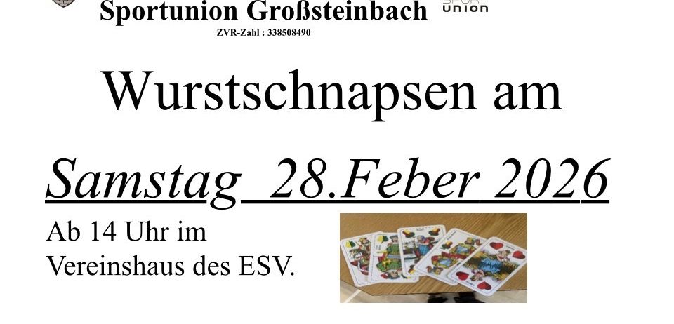 Plakat für Wurstschnapsen-Veranstaltung am 28. Februar 2026 um 14 Uhr im Vereinshaus des ESV Union Großsteinbach. Es zeigt das Logo der Sport Union.