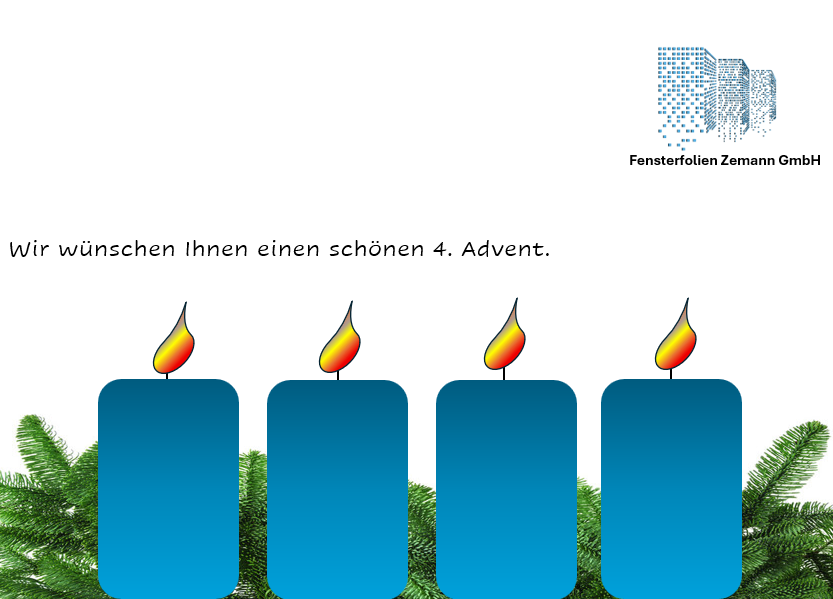 Ein Adventsgruß mit vier blauen Kerzen. Eine Botschaft lautet: 'Wir wünschen Ihnen einen schönen 4. Advent.' Das Bild ist mit einem weißen Rand umrahmt.