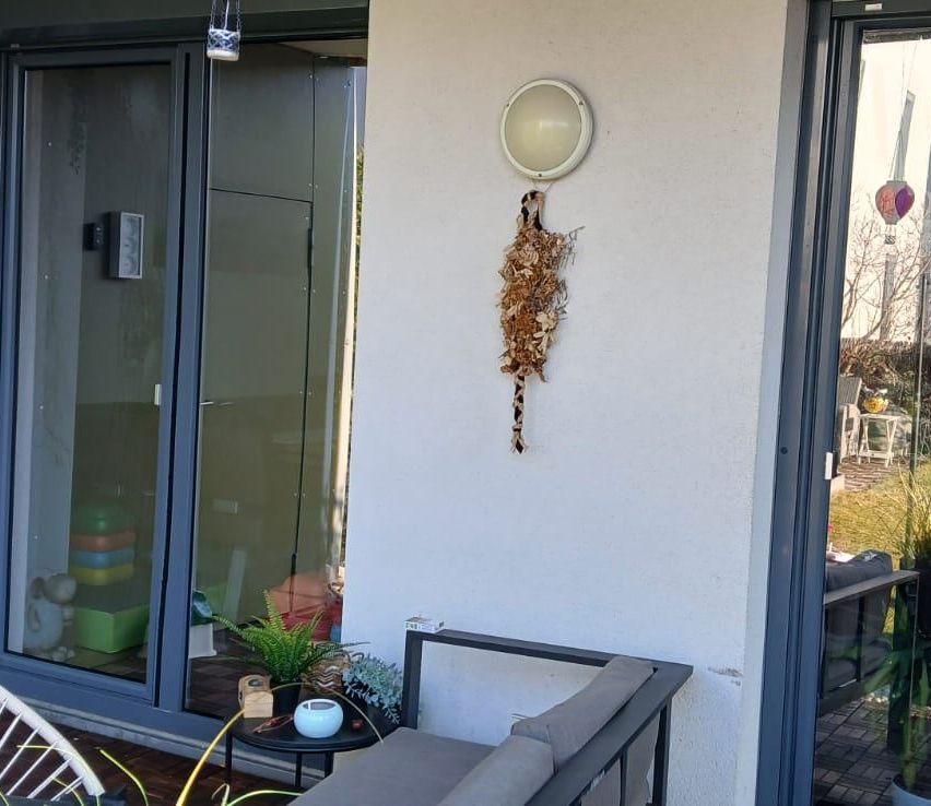 Ein Balkon mit Glastüren führt in einen Garten. Eine Lampe und ein Eichhörnchennest hängen an der Wand. Es gibt eine Couch und einen kleinen Tisch mit Pflanzen.