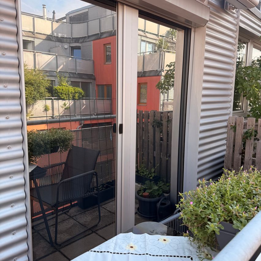 A balcony with a glass door leading to a patio, featuring a black chair, potted plants, and a view of a neighboring building.