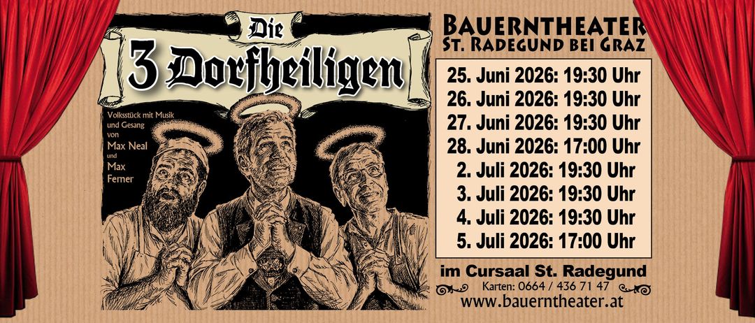 Ein Veranstaltungsposter für St. Radegund mit zwei alten Männern mit Heiligenscheinen und einer Liste von Daten vom 25. Juni bis 5. Juli. Es enthält einen Link zum Ticketkauf.