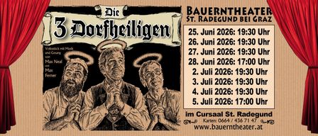Ein Veranstaltungsposter für St. Radegund mit zwei alten Männern mit Heiligenscheinen und einer Liste von Daten vom 25. Juni bis 5. Juli. Es enthält einen Link zum Ticketkauf.