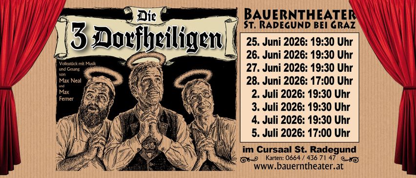 An event poster for St. Radegund featuring two old men with halos and a list of dates from June 25 to July 5. It includes a link to buy tickets.