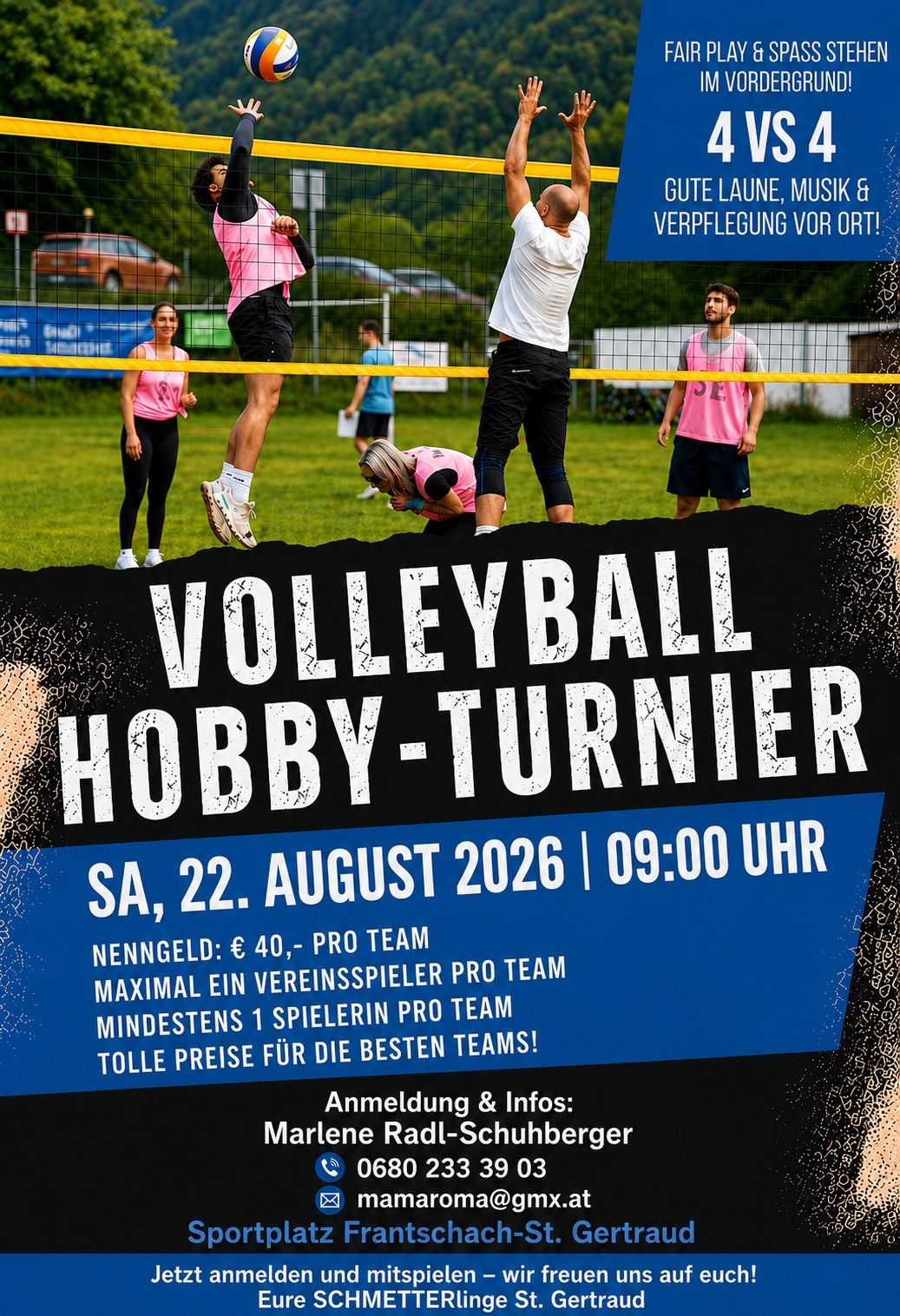 An advertisement for a volleyball hobby tournament. Participants in action on a sunny field. Event on August 22, 2026, starting at 09:00. Registration fee 40 euros.