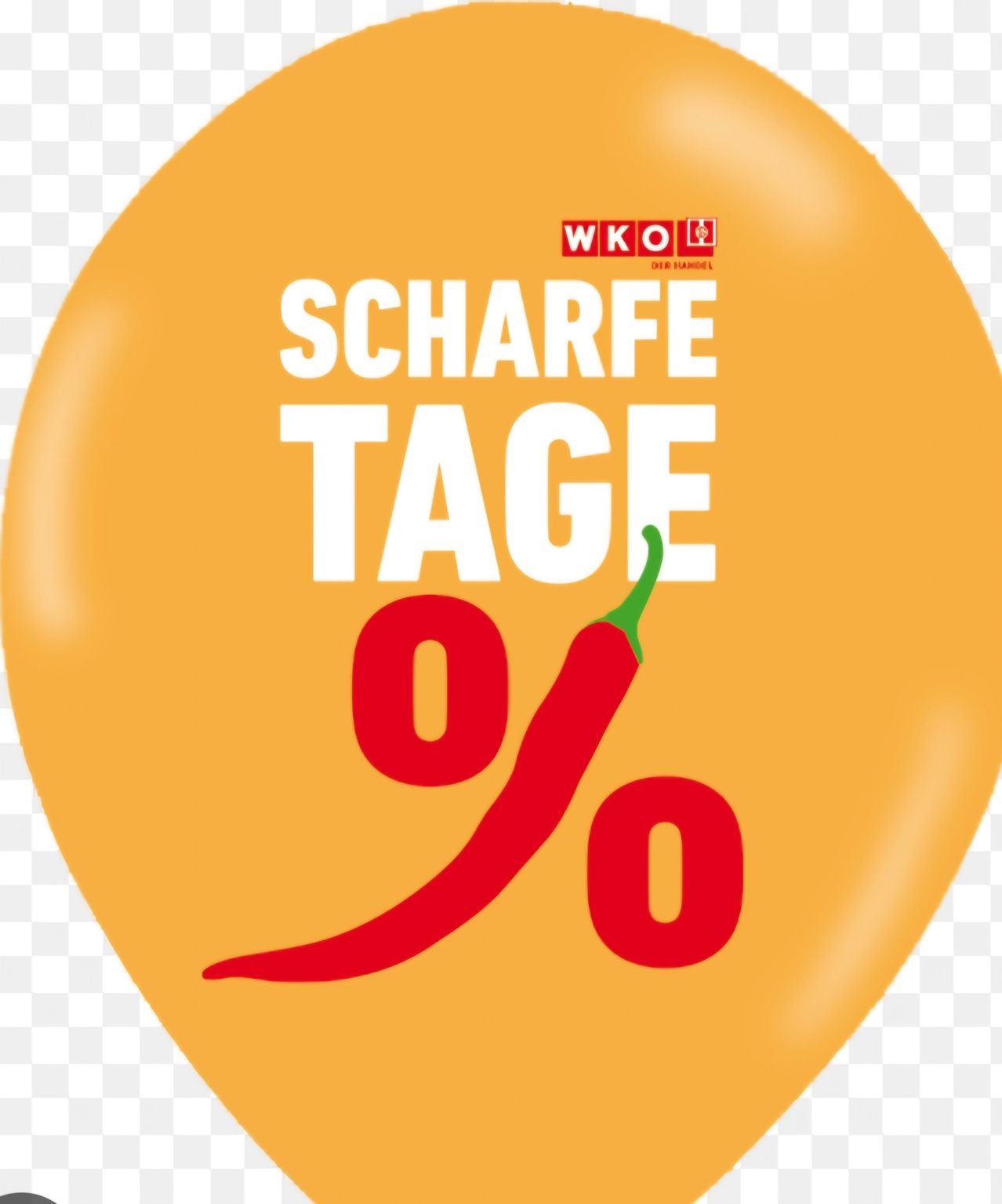 Ein orangefarbener Ballon mit dem Text Scharfe Tage 0% und einer roten Chilischote darauf.