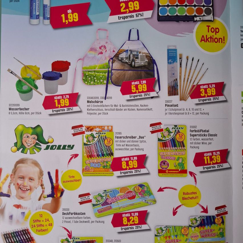 A promotional poster featuring various art supplies and discounts. Items include a paint set, apron, brushes, and colored pencils. Each item has a discounted price and savings percentage. A young girl with painted hands is featured on the left.