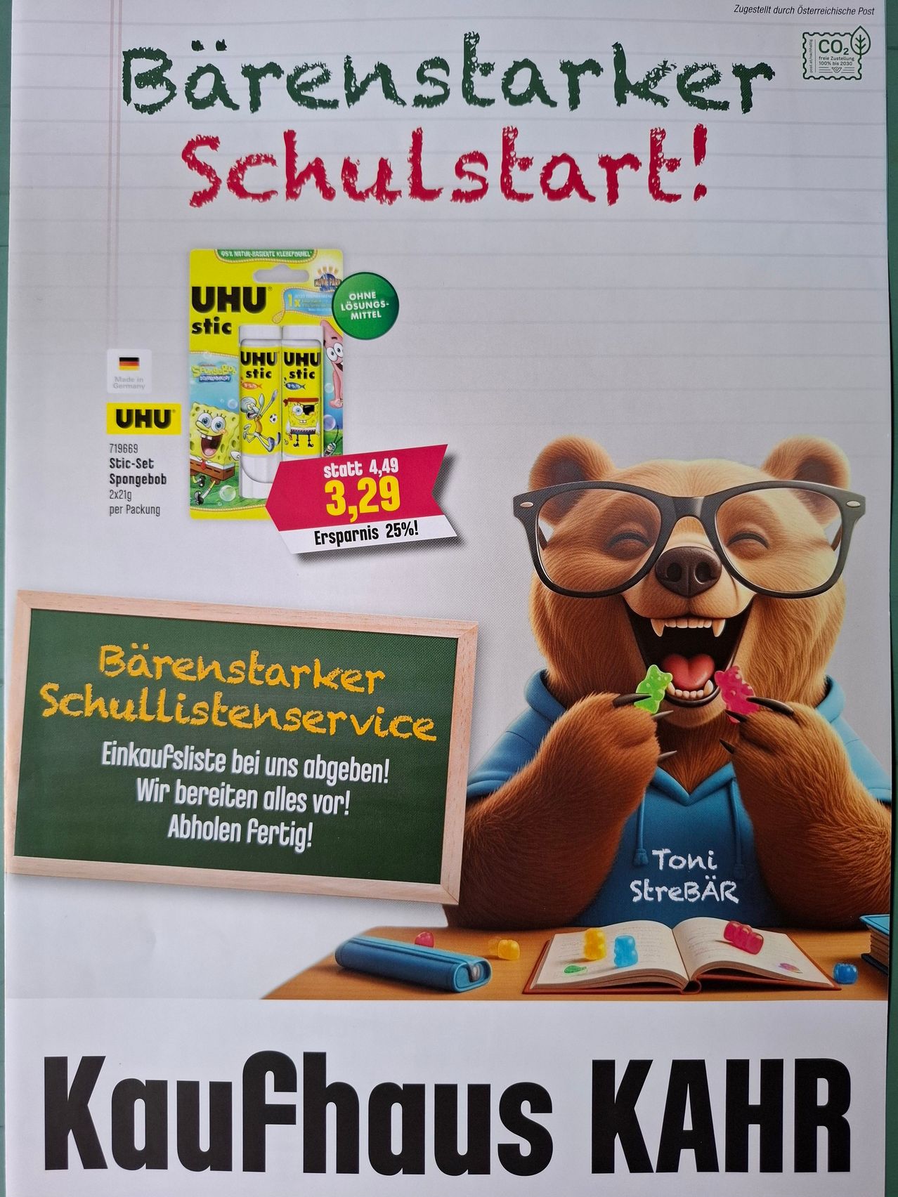 A poster advertising school supplies with a bear character eating gummy bears. The poster features a blackboard with the text 'Bärenstärker Schullistenservice' and a price tag for a glue stick set.
