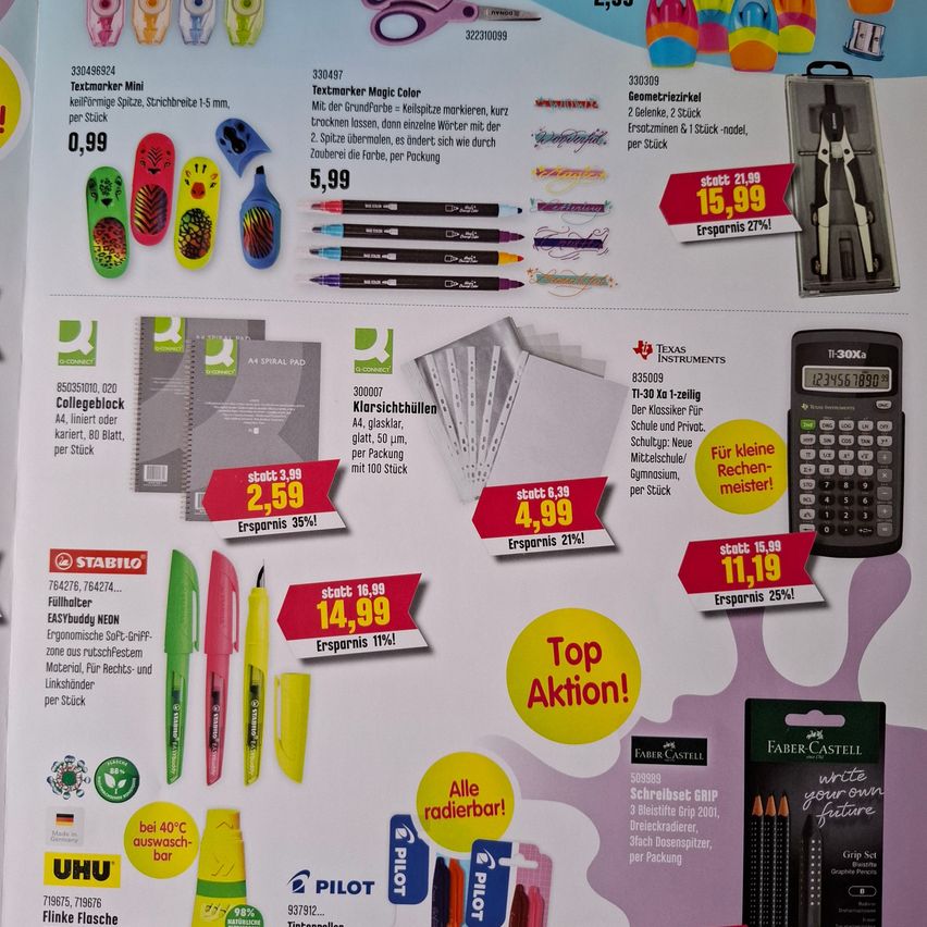 A promotional flyer displays various stationery products including markers, notebooks, and a calculator. Prices and discounts are listed next to each item. The flyer features colorful illustrations and text in both English and German.