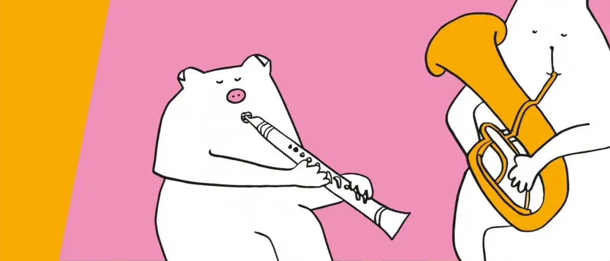 Eine Karikatur eines Bären, der eine Klarinette und eine Posaune mit einem rosa Hintergrund spielt.