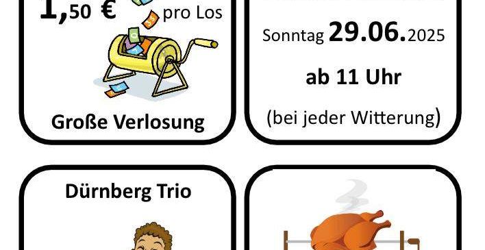 Ein Plakat bewirbt ein Dorfereignis mit einer Gebühr von 1,50 Euro pro Verlust, einem Akkordeonspieler und einem gebratenen Huhn. Das Event ist am Sonntag, 29.06.2025, ab 11 Uhr.
