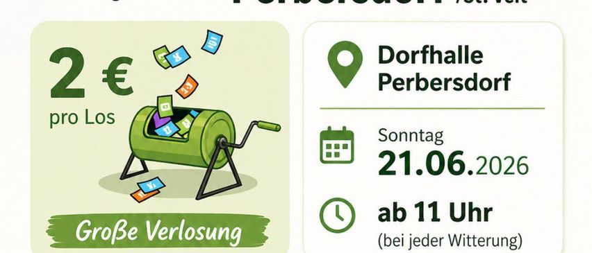 Plakat für eine Veranstaltung in Perbersdor. Veranstaltung beinhaltet ein großes Lagerfeuer, ein Huhn am Spieß und Franzl und seine Band. Es kostet 2 Euro pro Beutel. Datum ist 21.06.2026, ab 11 Uhr.