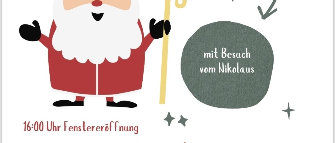 Ein Plakat zur Adventfenster-Eröffnung mit einem fröhlichen Weihnachtsmann, der um 16:00 Uhr ein Fenster öffnet, mit einem Besuch von Sankt Nikolaus um 17:00 Uhr, und einem Adventmarkt vor dem Feuerwehrhaus.