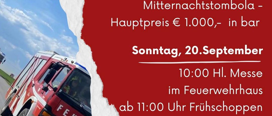Ein Werbeplakat für eine Feuerwehrveranstaltung in Pamhagen, Österreich. Es zeigt einen roten Feuerwehrwagen, einen roten Hintergrund und Veranstaltungsdetails auf Deutsch.