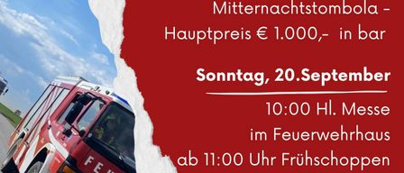 Ein Werbeplakat für eine Feuerwehrveranstaltung in Pamhagen, Österreich. Es zeigt einen roten Feuerwehrwagen, einen roten Hintergrund und Veranstaltungsdetails auf Deutsch.