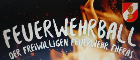 Plakat für die Freiwillige Feuerwehr mit Feuerbild und Datum 07. Februar 2026 im Kulturzentrum in Theras.