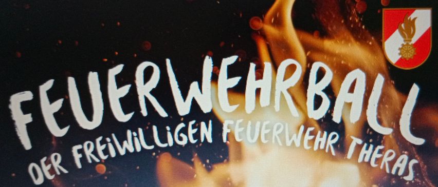 Plakat für die Freiwillige Feuerwehr mit Feuerbild und Datum 07. Februar 2026 im Kulturzentrum in Theras.