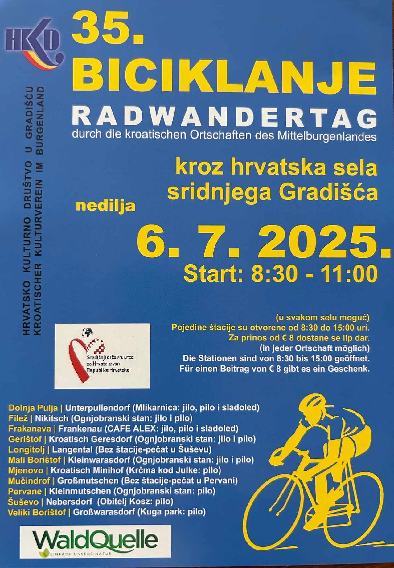 Ein Radwandertag durch kroatische Dörfer des Mittelburgenlandes am 6. und 7. Juli 2025, Beginn um 8:30 und Ende um 11:00. Fahrradstationen öffnen von 8:30 bis 15:00. Eine Spende von 8 Euro erhält ein Geschenk. Verschiedene Orte werden erwähnt.