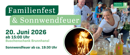 Familienfest und Sonnenwendefeuer am 20. Juni 2026 ab 15:00 Uhr am Brunnenhaus Schank. Das Sonnenwendefeuer beginnt gegen 19:30 Uhr.