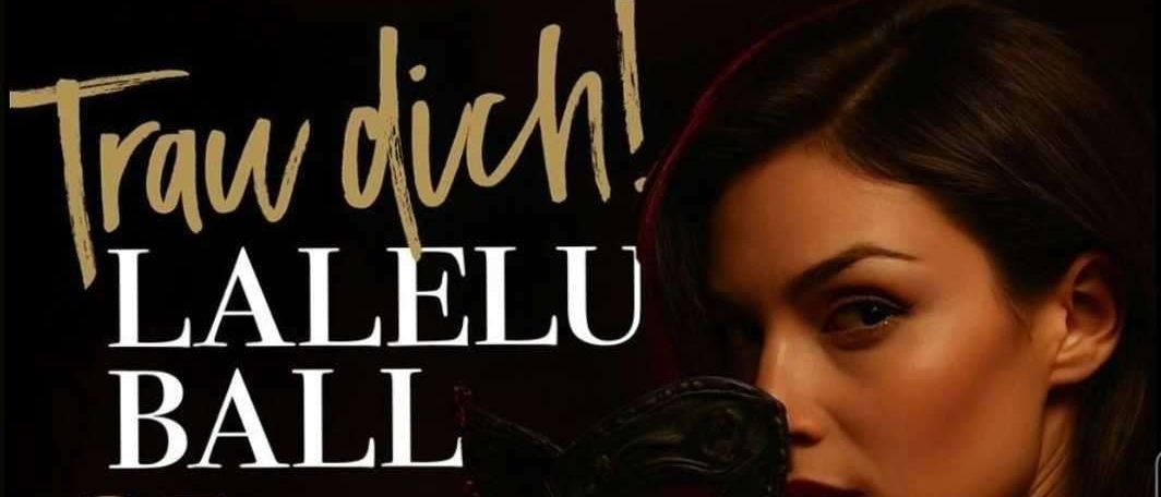 Poster für Lalelu Ball, zeigt eine Frau in schwarzer Kleidung mit einer Maske, geplant für den 31. Oktober 2026 in der Wallerseehalle Henndorf.
