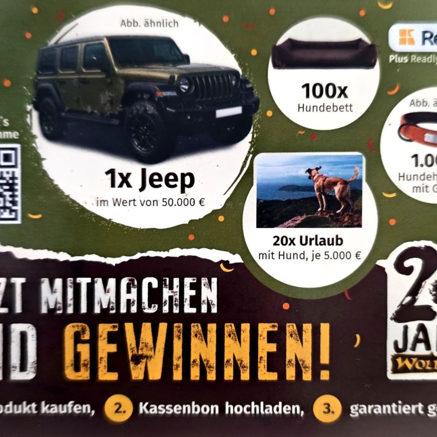 Ein grüner Jeep wird mit einem Preis von 50.000 Euro vorgestellt. Ein Hundebett und ein Hundehalsband sind ebenfalls enthalten. Ein Hund ist vor einer landschaftlichen Kulisse abgebildet. Der Text ist in fetten gelben Buchstaben.