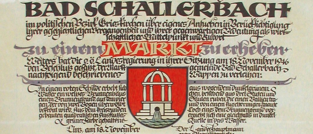 Ein offizielles Dokument aus Bad Schallerbach, datiert auf den 18. November 1946. Es enthält einen roten Siegel mit einem Brunnen und einem Wappen. Der Text ist in schwarzer und roter Schrift.