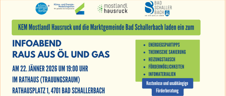 Ein Plakat für einen Infoabend zu Energiespartipps, das eine Person zeigt, die einen Thermostat einstellt, und ein Haus im Bau. Es findet am 22. Januar 2026 um 19:00 Uhr im Rathaus Traunsburg, Rathausplatz 1, 4701 Bad Schallerbach statt.