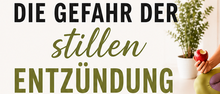 Ein Flyer für einen kostenlosen Vortrag über Entzündungshemmung mit Dr. Kathrin Lager, mit einer Frau in Meditation, einer Pflanze und Symbolen für Zellgesundheit, Entzündungen, Omega-3 und Energie. Das Datum und die Uhrzeit der Veranstaltung sind ebenfalls aufgeführt.