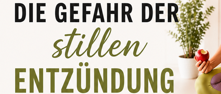 Ein Flyer für einen kostenlosen Vortrag über Entzündungshemmung mit Dr. Kathrin Lager, mit einer Frau in Meditation, einer Pflanze und Symbolen für Zellgesundheit, Entzündungen, Omega-3 und Energie. Das Datum und die Uhrzeit der Veranstaltung sind ebenfalls aufgeführt.
