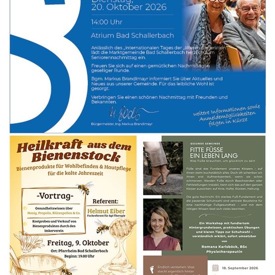 Ein Plakat für den Seniorenabend am 20. Oktober 2026, mit einem älteren Paar und einem Workshop über Bienenprodukte.