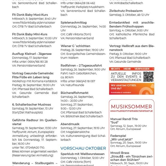 Ein Flyer mit verschiedenen Veranstaltungen, einschließlich eines Stammtisches, eines regionalen Lebensmittelmarktes und Musikveranstaltungen. Die Veranstaltungen reichen vom 24. September bis zum 3. Oktober, mit Angaben zu Zeiten, Orten und Veranstaltern.