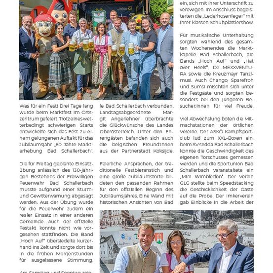 Ein Werbebild für das Marktfest 2026 in Bad Schallerbach, Österreich, zeigt eine Gruppe von Menschen in traditioneller Kleidung mit Bierkrügen, einem Maskottchen und einem großen Kuchen mit dem Festivallogo. Das Bild enthält deutschen Text und eine Collage von Festival-bezogenen Bildern im Hintergrund.
