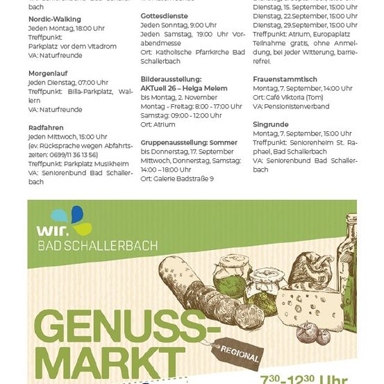 Ein Flyer bewirbt verschiedene Aktivitäten in Bad Schallerbach, einschließlich Nordic Walking, Radfahren, Kräuterwanderungen und mehr. Der Flyer ist grün und weiß und zeigt Illustrationen von Lebensmitteln und einem Einkaufsbeutel. Die Veranstaltung findet am Samstag, 3. Oktober, von 7:30 bis 12:30 Uhr am Rathausplatz statt.