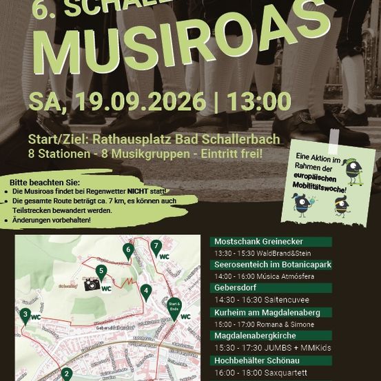 Plakat für das Schallerbacher Musikroas-Event am 19. September 2026 mit einer Karte mit 8 Stationen und Musikgruppen und einem Zeitplan der Aufführungen.