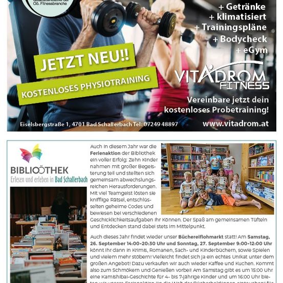 Eine Werbung für Vitadrom Fitness zeigt einen älteren Mann und eine Frau, die mit Hanteln trainieren. Die Anzeige hebt kostenlose Physiotherapie-Trainings, Aerobic, Sauna, Solarium, Getränke, Klimatisierung, Trainingspläne, Bodycheck und eGym hervor. Adresse und Website sind ebenfalls angegeben.