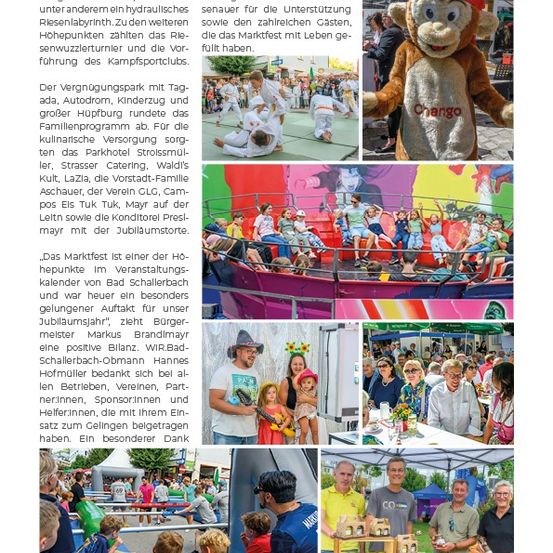 Eine Collage von Bildern eines Festivals zeigt einen Maskottchen, Menschen, die Fahrgeschäfte genießen, einen Mann mit einer Kamera und eine Gruppe von Menschen an einem Essensstand.