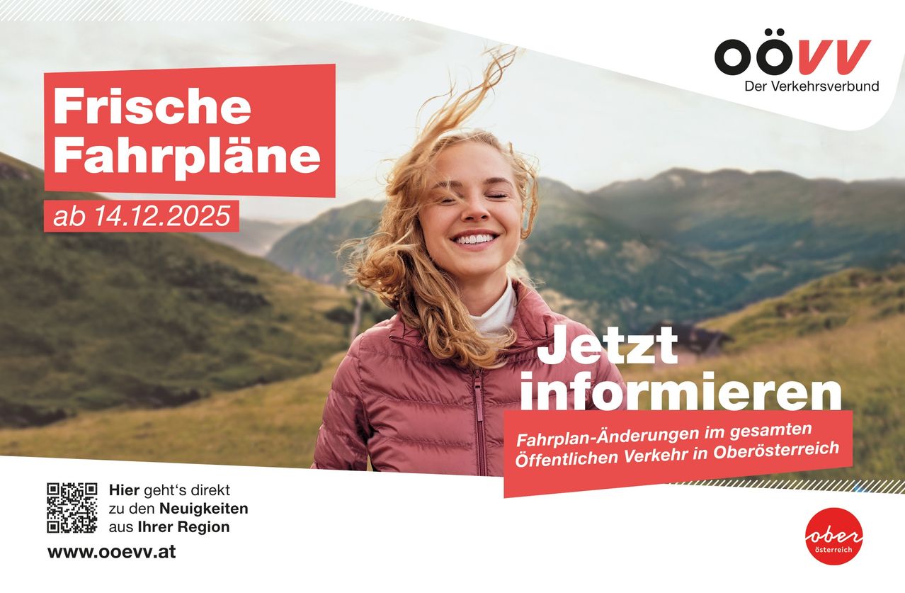 Eine Werbung für Fahrplanänderungen in einer Bergregion mit einer lächelnden Frau im Freien. Es hebt direkte Informationen über Fahrplanänderungen hervor.