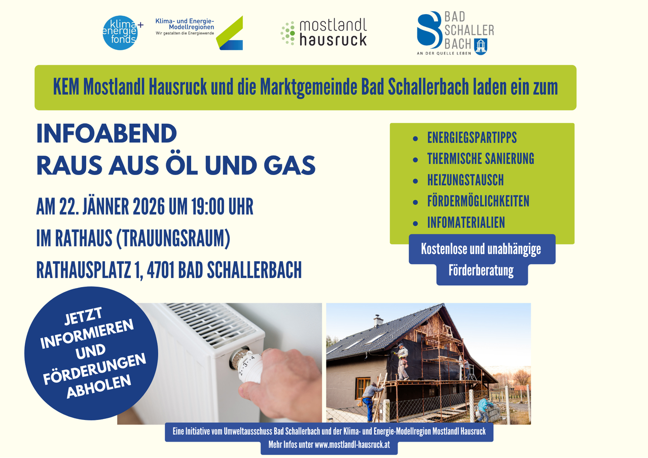 Ein Abendevent am 26. Februar 2026 um 19:00 in Traunstein (Traunplatz), Marktplatz 1, 4701 Bad Schallerbach, mit Energietipps, thermischer Sanierung, Heizungstausch, Fördermöglichkeiten und Informationsmaterialien.