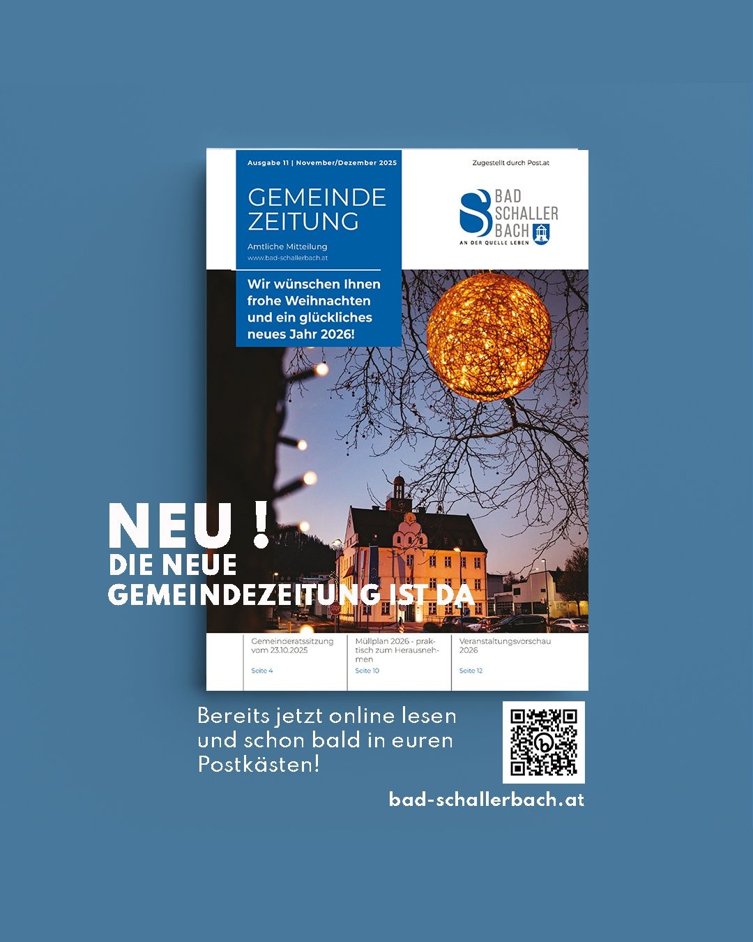 Die Titelseite einer Gemeindezeitung für November/Dezember 2025, mit einer leuchtenden Zierlampe, einem Gebäude und einem blauen Himmel. Der Text wünscht den Lesern ein frohes Weihnachtsfest und ein glückliches neues Jahr 2026.