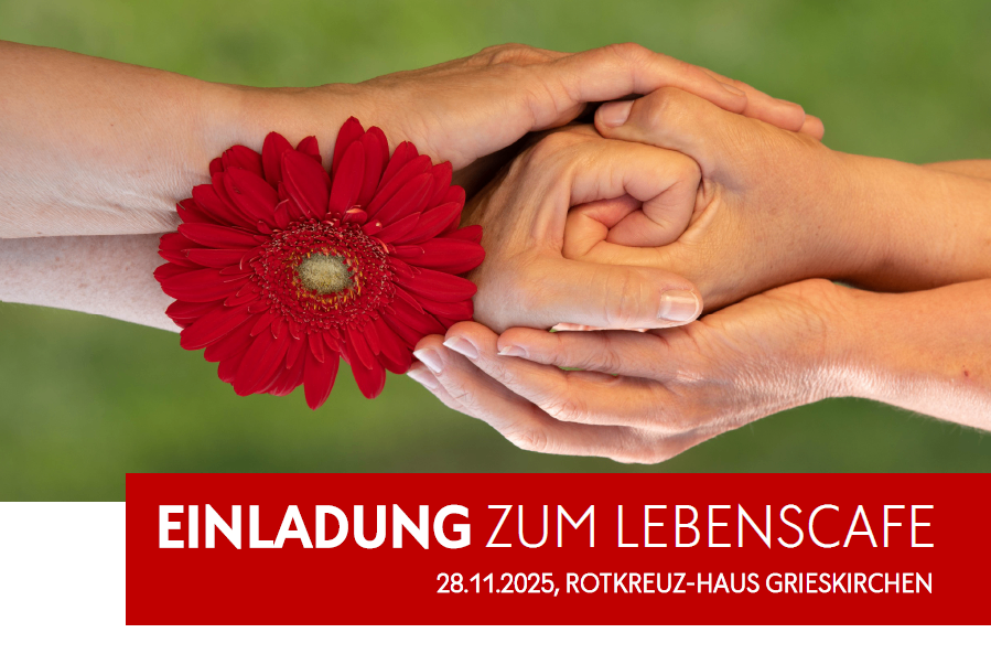 Hände halten eine rote Blume, grüner Hintergrund, Veranstaltungseinladung für den 28. November 2025 im Rotkreuz-Haus Grieskirchen.