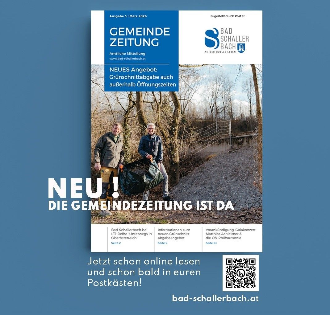Gemeindezeitung für Bad Schallerbach, Ausgabe März 2026. Es zeigt zwei Männer, eine neue Abfallentsorgungsinitiative und eine Ankündigung für eine bevorstehende Gemeindeveranstaltung. Online-Lesen verfügbar.
